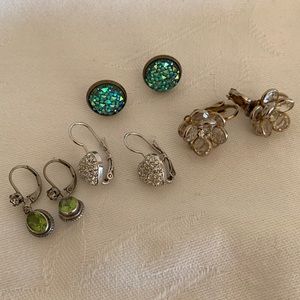 4 Pairs Dainty Earrings - heart, rhinestones, peridot and silver, floral